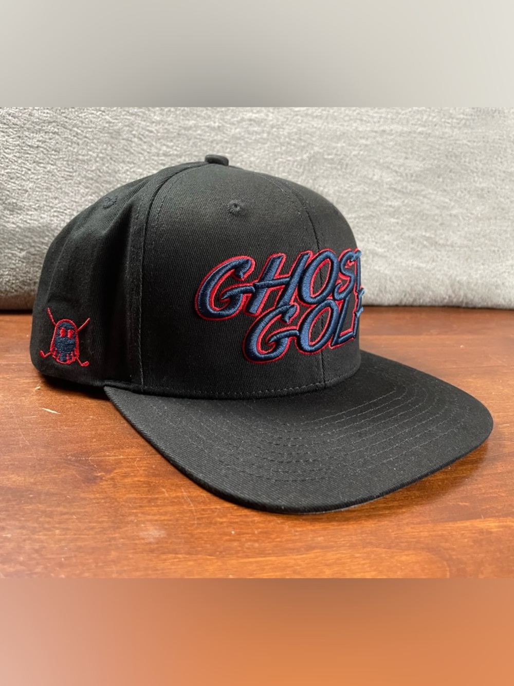 Ghost Golf Snapback Hat Black Raised Embroidery Front